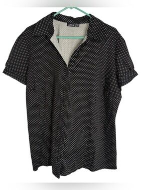 Apt. 9 Black Short Sleeve Button Down Shirt with White Polka Dots Size 2X